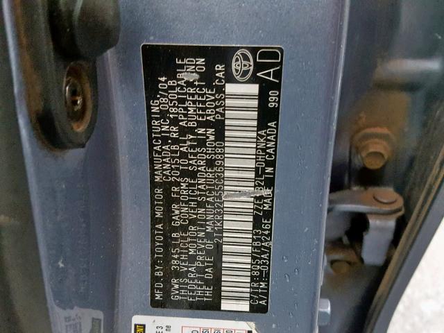 2T1KR32E55C369880 - 2005 TOYOTA COROLLA MA BLUE photo 10