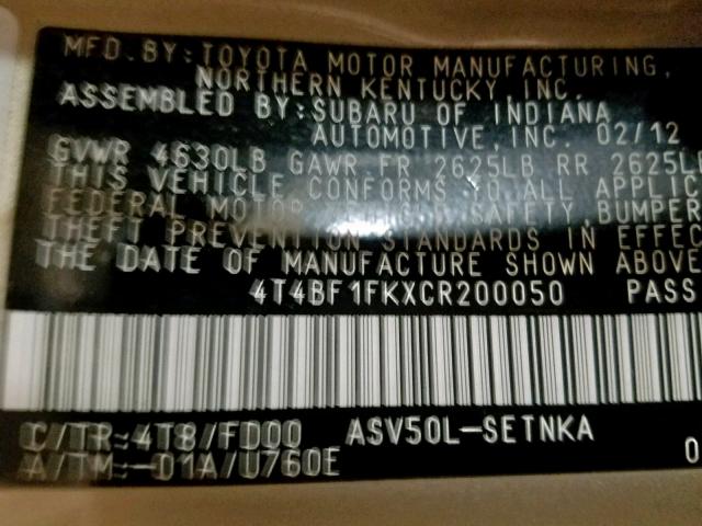 4T4BF1FKXCR200050 - 2012 TOYOTA CAMRY BASE TAN photo 10