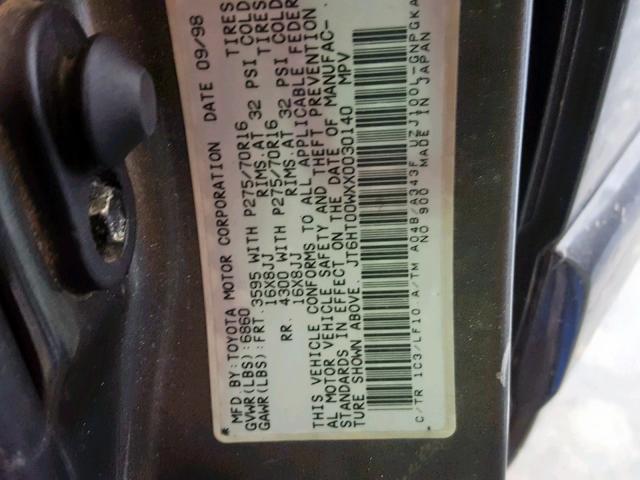 JT6HT00WXX0030140 - 1999 LEXUS LX 470 GRAY photo 10