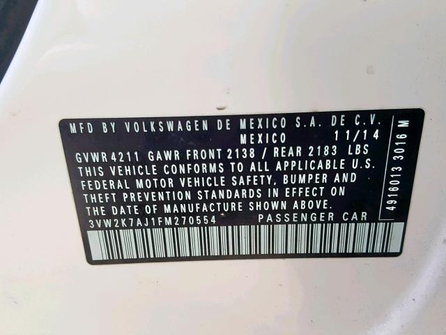 3VW2K7AJ1FM270554 - 2015 VOLKSWAGEN JETTA BASE Սպիտակ լուսանկար 10