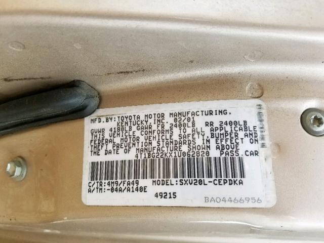 4T1BG22KX1U062820 - 2001 TOYOTA CAMRY CE TAN photo 10