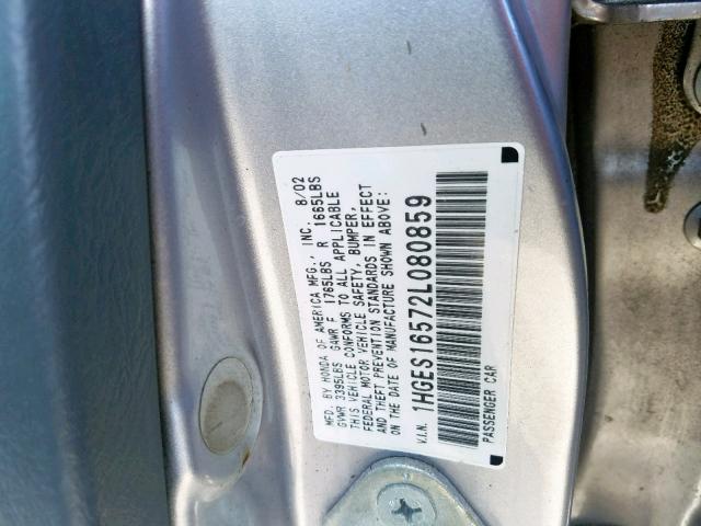 1HGES16572L080859 - 2002 HONDA CIVIC LX SILVER photo 10