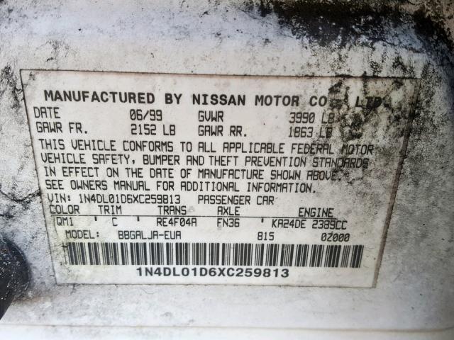 1N4DL01D6XC259813 - 1999 NISSAN ALTIMA XE WHITE photo 10