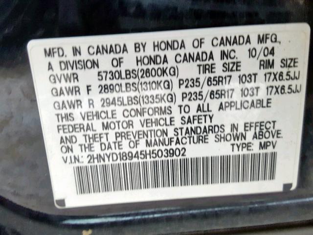 2HNYD18945H503902 - 2005 ACURA MDX TOURIN BLACK photo 10