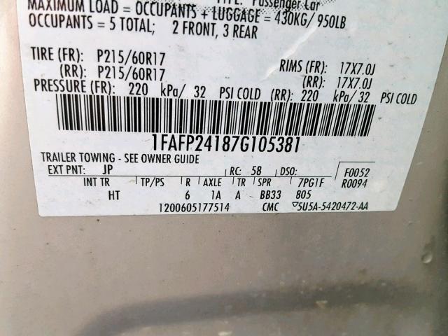 1FAFP24187G105381 - 2007 FORD FIVE HUNDR SILVER photo 10