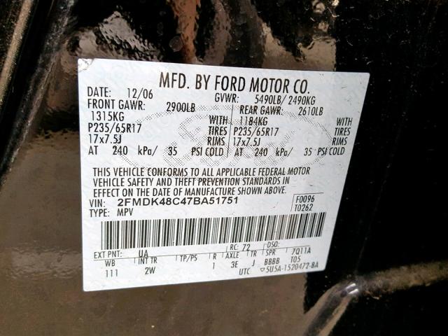 2FMDK48C47BA51751 - 2007 FORD EDGE SEL BLACK photo 10