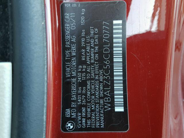 WBALZ3C56CDL70777 - 2012 BMW 650 I RED photo 10