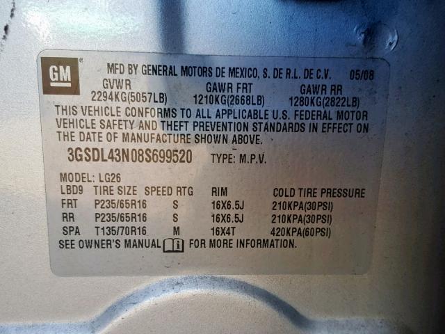 3GSDL43N08S699520 - 2008 SATURN VUE XE SILVER photo 10