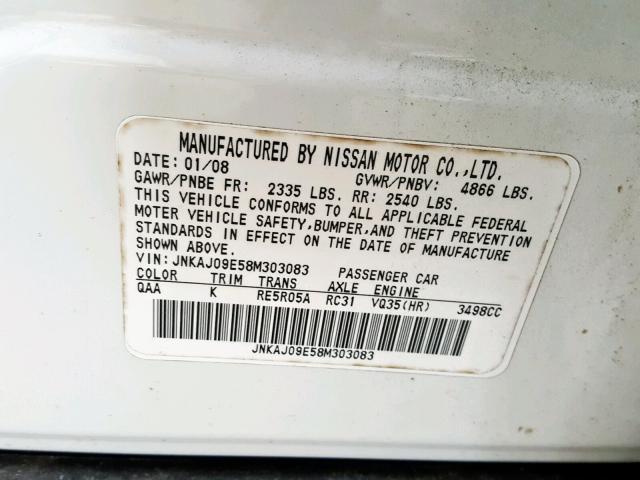 JNKAJ09E58M303083 - 2008 INFINITI EX35 BASE WHITE photo 10