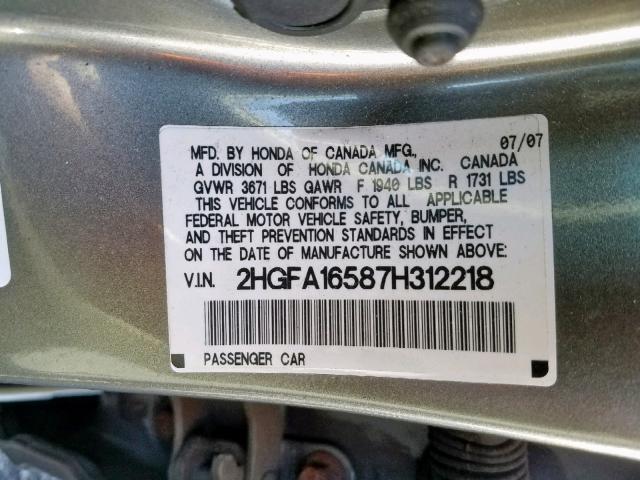 2HGFA16587H312218 - 2007 HONDA CIVIC LX GRAY photo 10