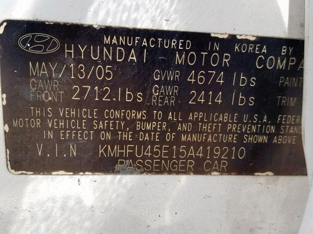 KMHFU45E15A419210 - 2005 HYUNDAI XG 350 WHITE photo 10