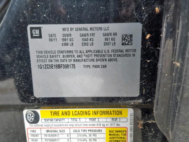 1G1ZC5E18BF398175 - 2011 CHEVROLET MALIBU 1LT BLACK photo 10