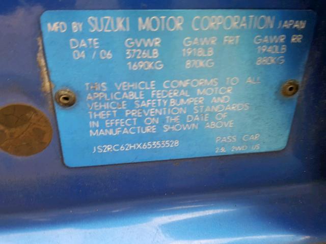 JS2RC62HX65353528 - 2006 SUZUKI AERIO BLUE photo 10