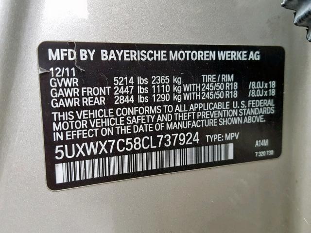 5UXWX7C58CL737924 - 2012 BMW X3 XDRIVE3 GRAY photo 10