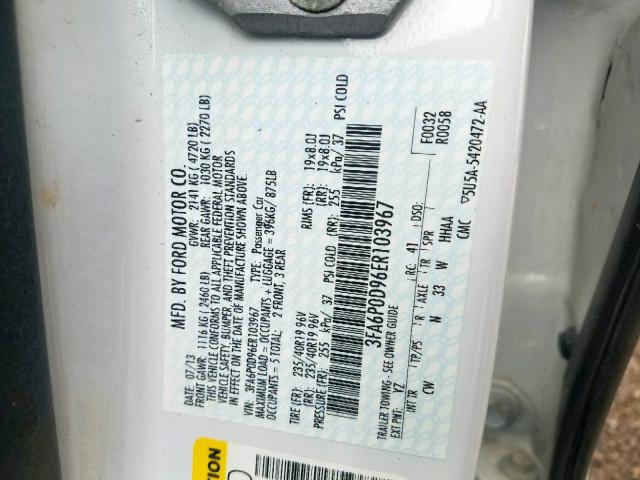 3FA6P0D96ER103967 - 2014 FORD FUSION TIT WHITE photo 10