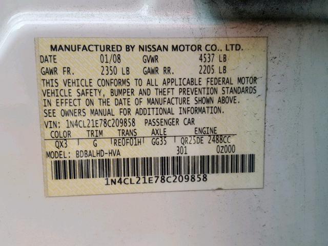 1N4CL21E78C209858 - 2008 NISSAN ALTIMA HYB WHITE photo 10