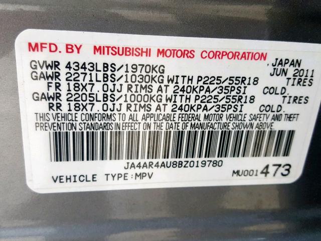 JA4AR4AU8BZ019780 - 2011 MITSUBISHI OUTLANDER GRAY photo 10