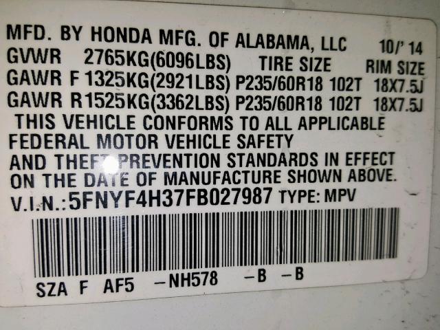 5FNYF4H37FB027987 - 2015 HONDA PILOT SE WHITE photo 10