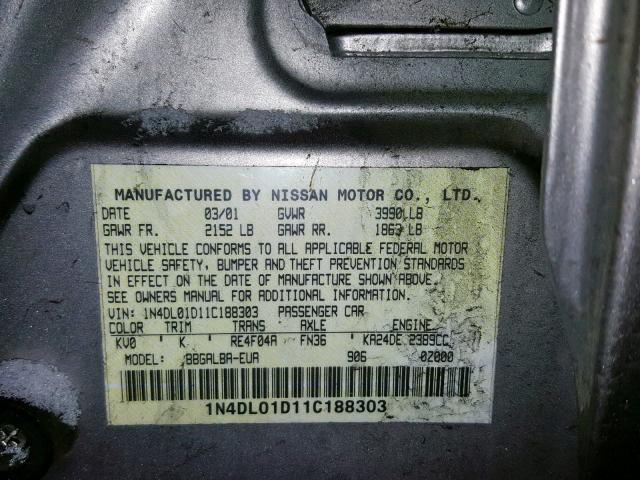 1N4DL01D11C188303 - 2001 NISSAN ALTIMA XE BEIGE photo 10