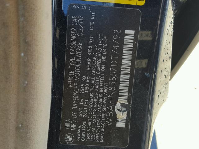 WBAHN83557DT74792 - 2007 BMW 750 BLUE photo 10