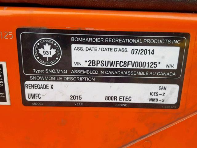 2BPSUWFC8FV000125 - 2015 SKID 800CC ORANGE photo 10