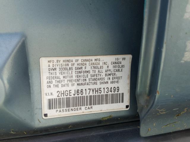 2HGEJ6617YH513499 - 2000 HONDA CIVIC BASE BLUE photo 10