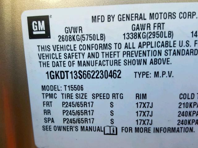 1GKDT13S662230462 - 2006 GMC ENVOY GOLD photo 10