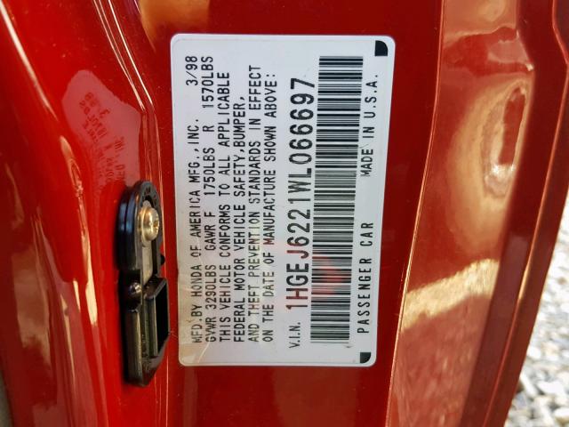 1HGEJ6221WL066697 - 1998 HONDA CIVIC DX RED photo 10