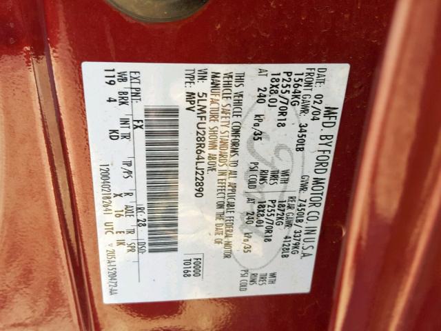 5LMFU28R64LJ22890 - 2004 LINCOLN NAVIGATOR 栗色 照片 10