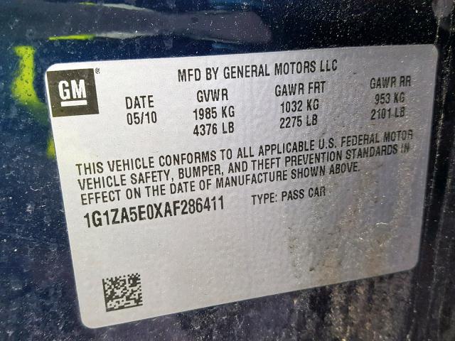 1G1ZA5E0XAF286411 - 2010 CHEVROLET MALIBU LS BLUE photo 10