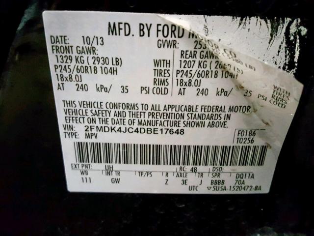 2FMDK4JC4DBE17648 - 2013 FORD EDGE SEL BLACK photo 10