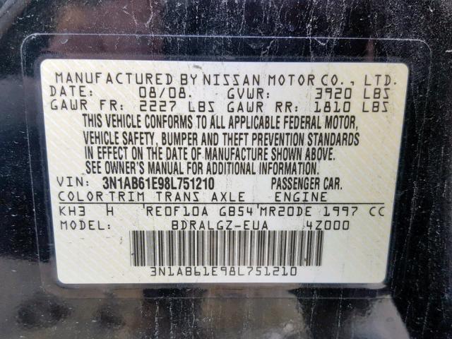 3N1AB61E98L751210 - 2008 NISSAN SENTRA 2.0 BLACK photo 10