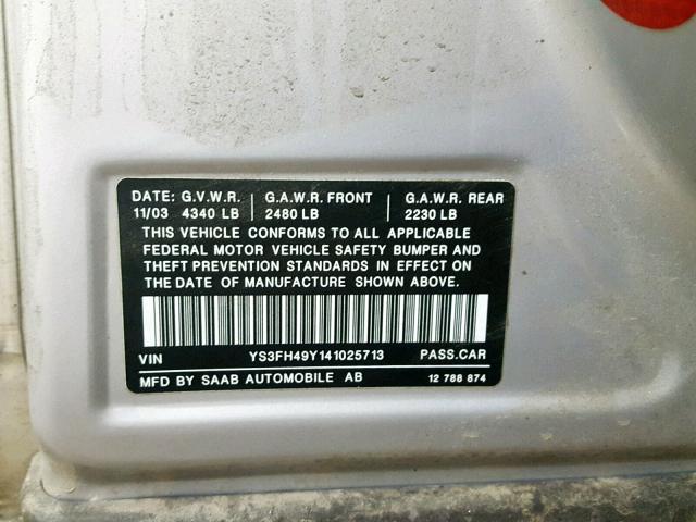 YS3FH49Y141025713 - 2004 SAAB 9-3 AERO SILVER photo 10