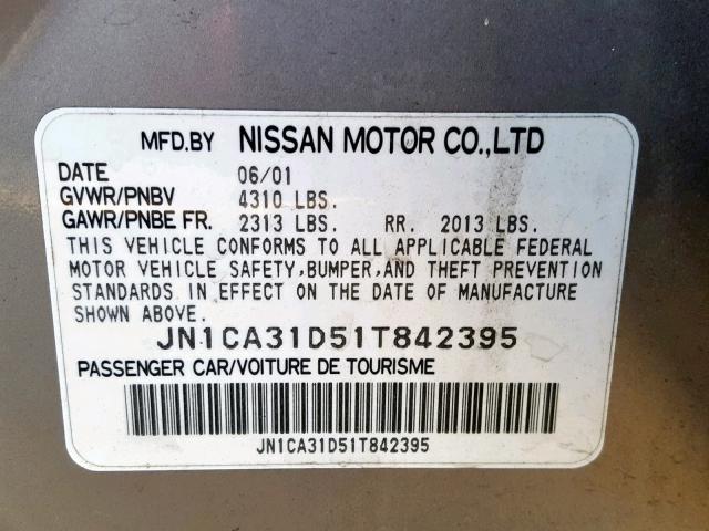 JN1CA31D51T842395 - 2001 NISSAN MAXIMA GXE SILVER photo 10