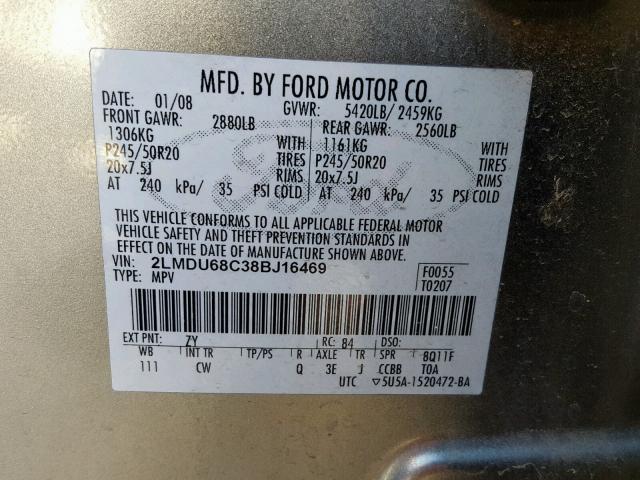 2LMDU68C38BJ16469 - 2008 LINCOLN MKX GOLD photo 10