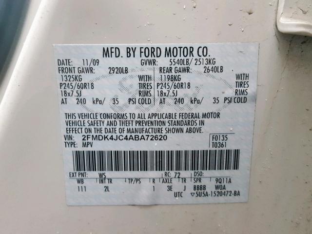 2FMDK4JC4ABA72620 - 2010 FORD EDGE SEL WHITE photo 10