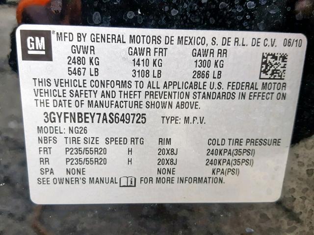 3GYFNBEY7AS649725 - 2010 CADILLAC SRX PERFOR BLACK photo 10