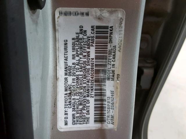 2T1KR32E43C086674 - 2003 TOYOTA COROLLA MA SILVER photo 10