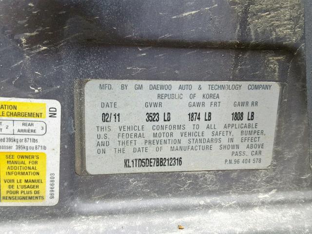 KL1TD5DE7BB212316 - 2011 CHEVROLET AVEO LS GRAY photo 10