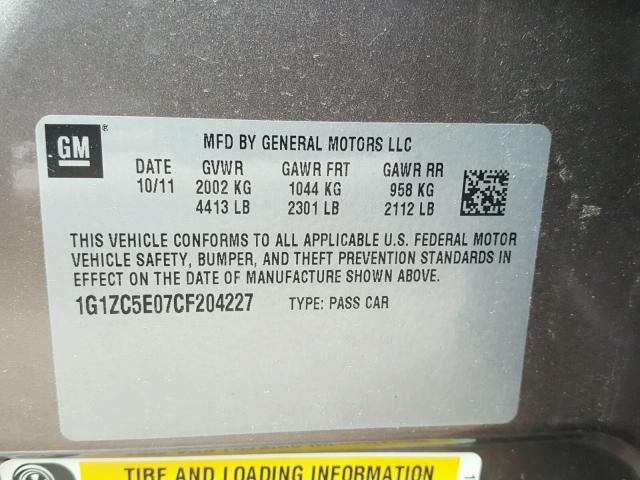 1G1ZC5E07CF204227 - 2012 CHEVROLET MALIBU 1LT 棕色 照片 10