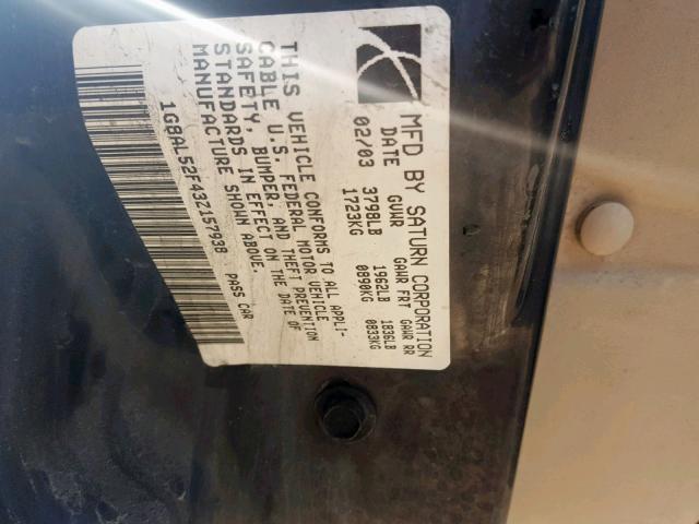 1G8AL52F43Z157938 - 2003 SATURN ION LEVEL GREEN photo 10