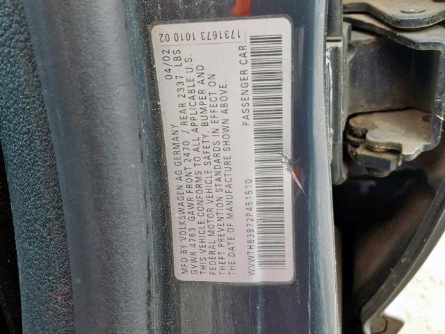 WVWTH63B72P451510 - 2002 VOLKSWAGEN PASSAT GLX BLUE photo 10