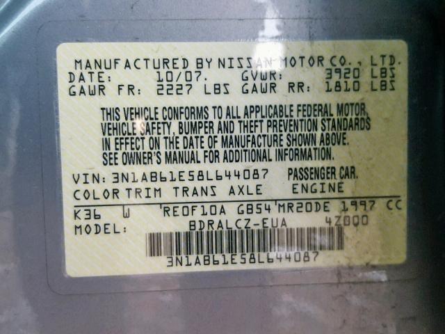 3N1AB61E58L644087 - 2008 NISSAN SENTRA 2.0 GRAY photo 10