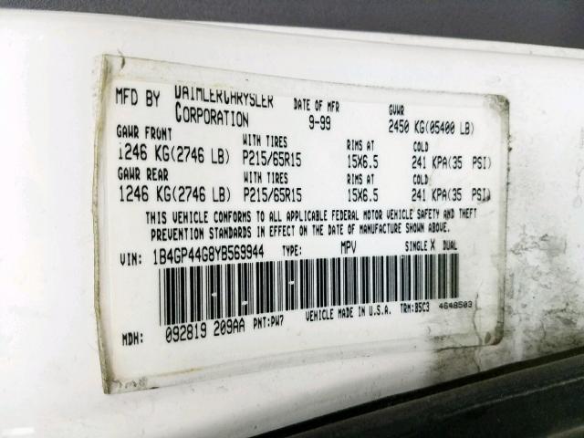 1B4GP44G8YB569944 - 2000 DODGE GRAND CARA WHITE photo 10