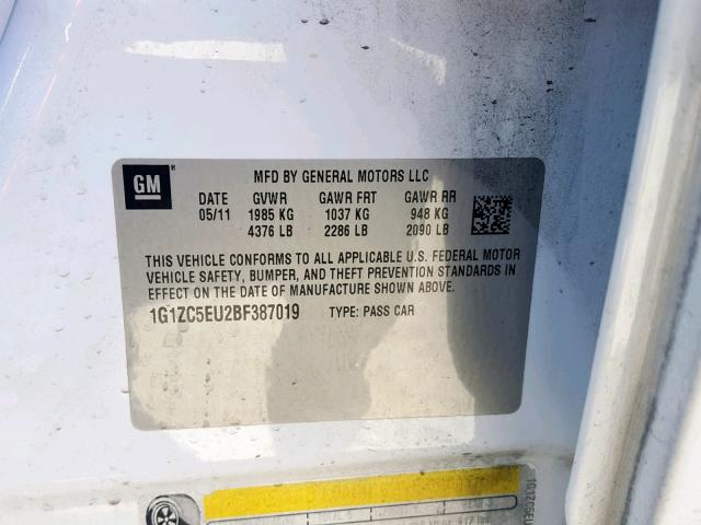 1G1ZC5EU2BF387019 - 2011 CHEVROLET MALIBU 1LT 白色 照片 10