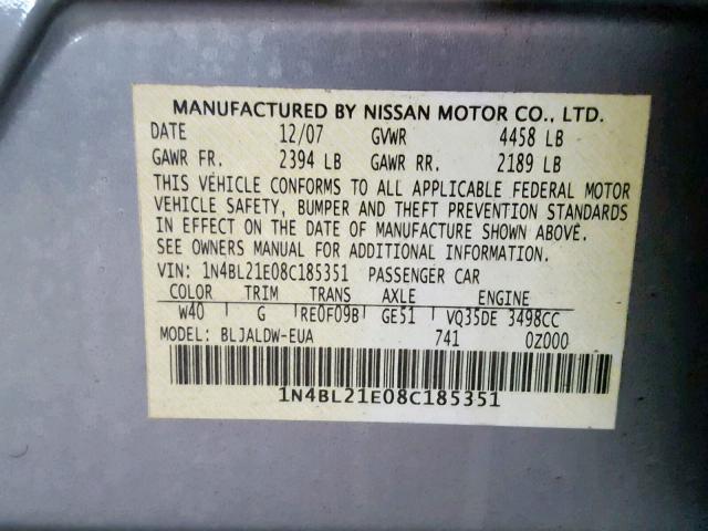 1N4BL21E08C185351 - 2008 NISSAN ALTIMA 3.5 GRAY photo 10