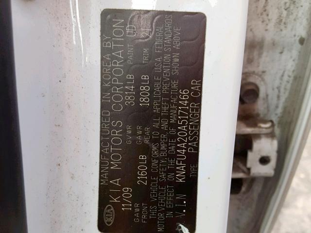 KNAFU4A20A5171466 - 2010 KIA FORTE EX WHITE photo 10