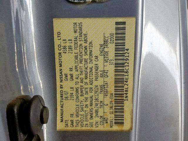 1N4BL24E18C129124 - 2008 NISSAN ALTIMA 3.5 GRAY photo 10