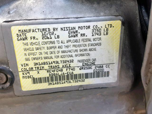 3N1AB51A93L732432 - 2003 NISSAN SENTRA SE- SILVER photo 10