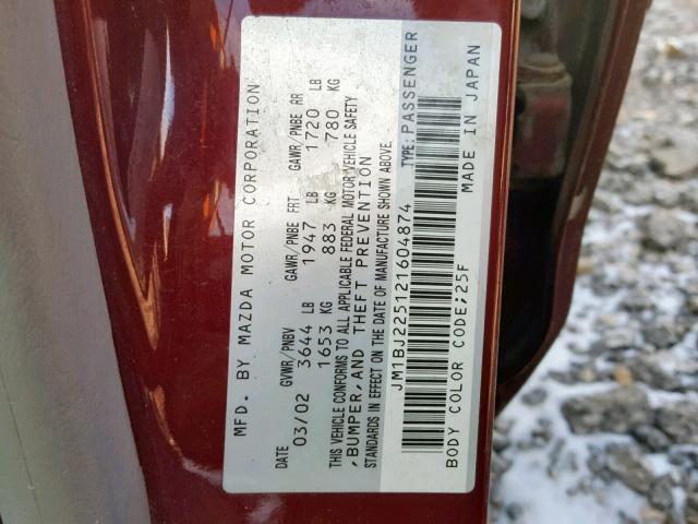 JM1BJ225121604874 - 2002 MAZDA PROTEGE DX MAROON photo 10